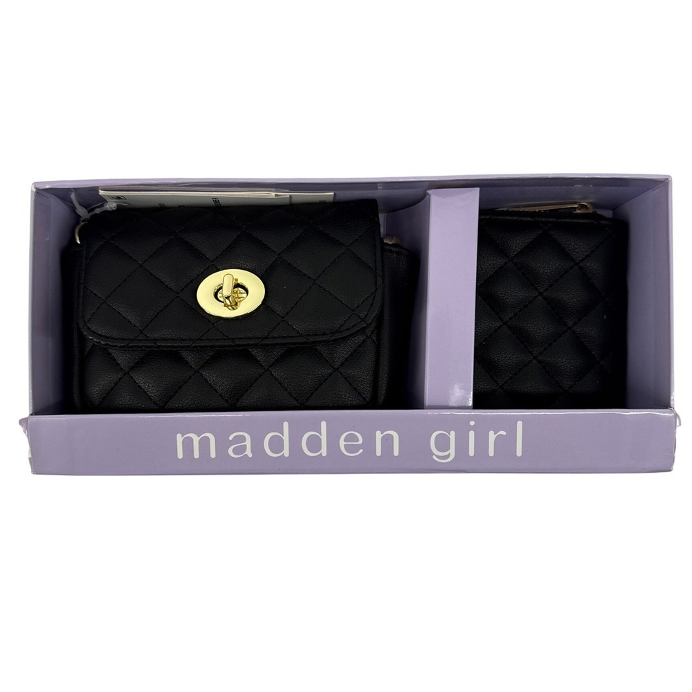 Madden Girl Black Quilted Crossbody Bag and Wallet Set MG-7101 Gold Hardware